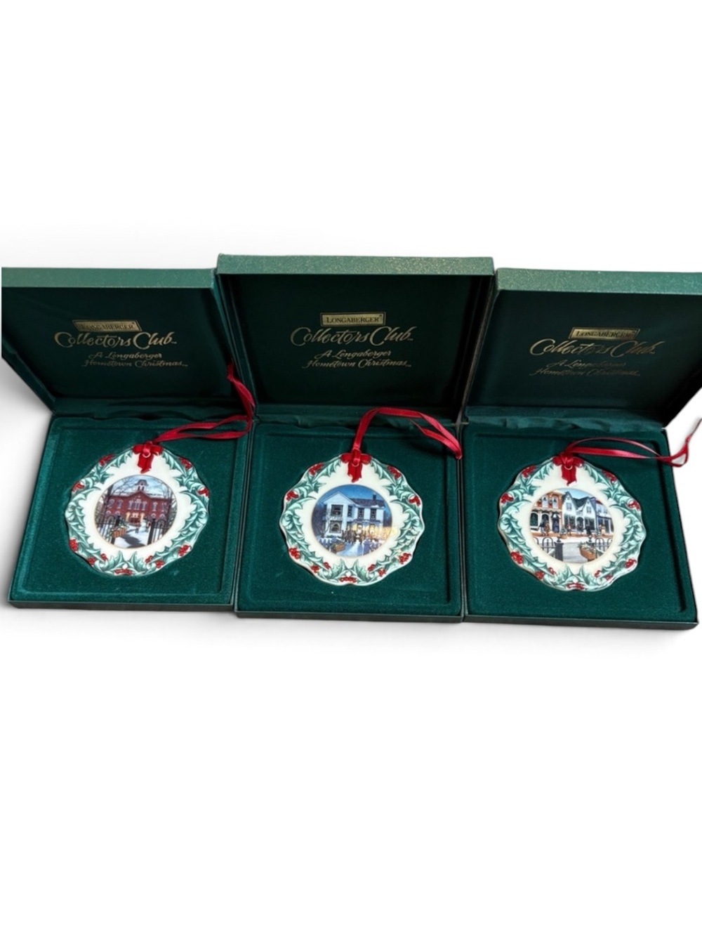 Vintage Longaberger Collector’s Club Hometown Christmas Ornament Set of 3 ’96-98